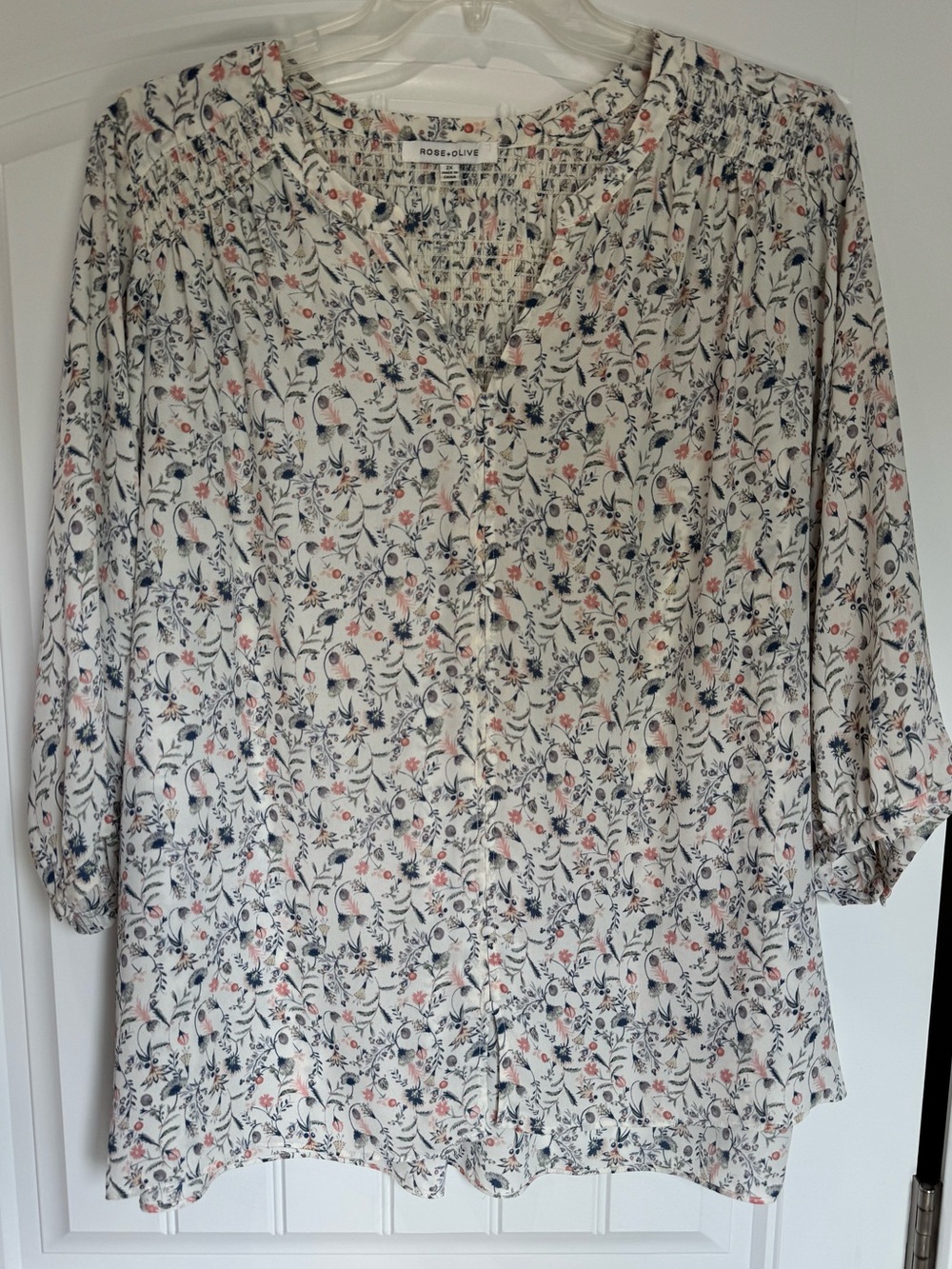 Rose + Olive Floral Blouse 2X Smocked Boho Peasant Top